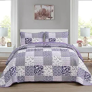Boho Quilts Queen, Patchwork Reversible Bedding Set, Purple - Set of 3