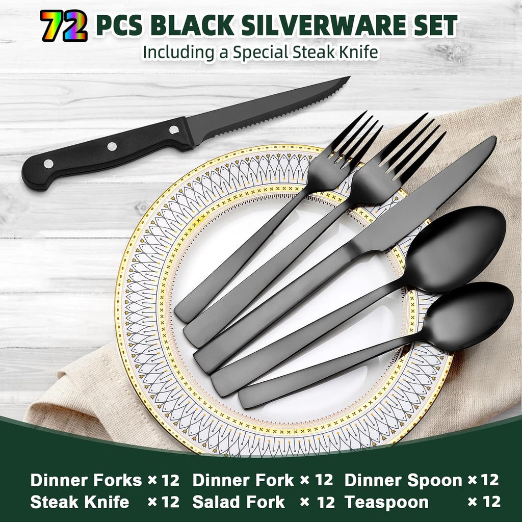 72-Piece Black Silverware Set with Steak Knives, Stainless Steel Flatware Set for 12, Tableware Cutlery Set