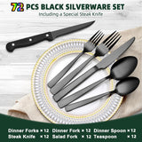72-Piece Black Silverware Set with Steak Knives, Stainless Steel Flatware Set for 12, Tableware Cutlery Set