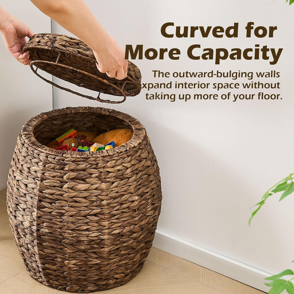 Round Wicker Basket with Lid, Handwoven Water Hyacinth Storage Basket, Blanket Organizer Basket for Laundry
