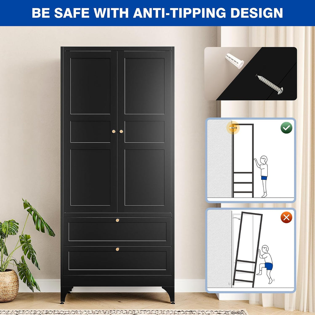 71" Tall Metal Wardrobe Closet with 2 Drawers, Steel Armoire Cabinet with Hanging Rod and Adjustable Shelves