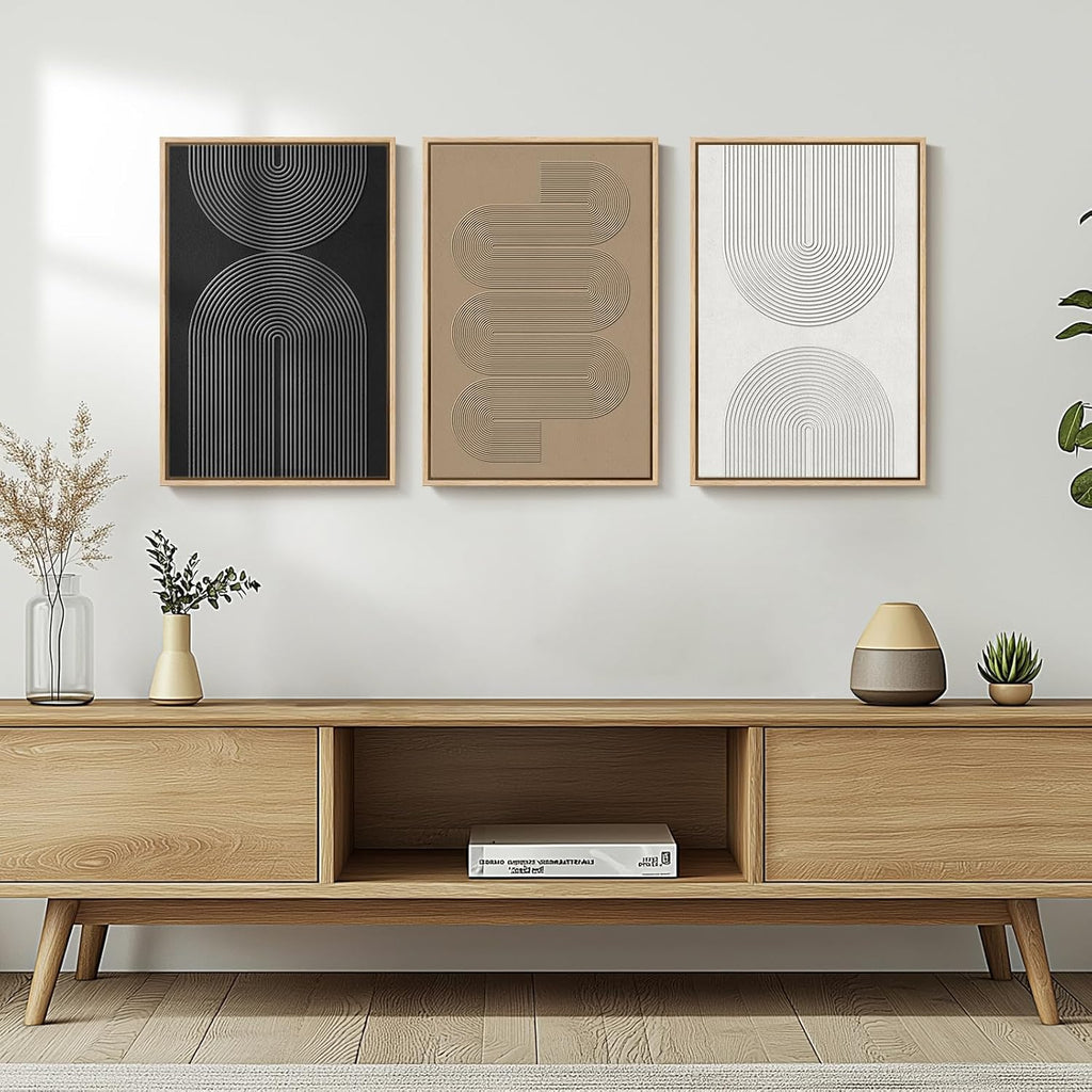 Large Framed Boho Black White Abstract Wall Art, 24x36 In - Set of 3