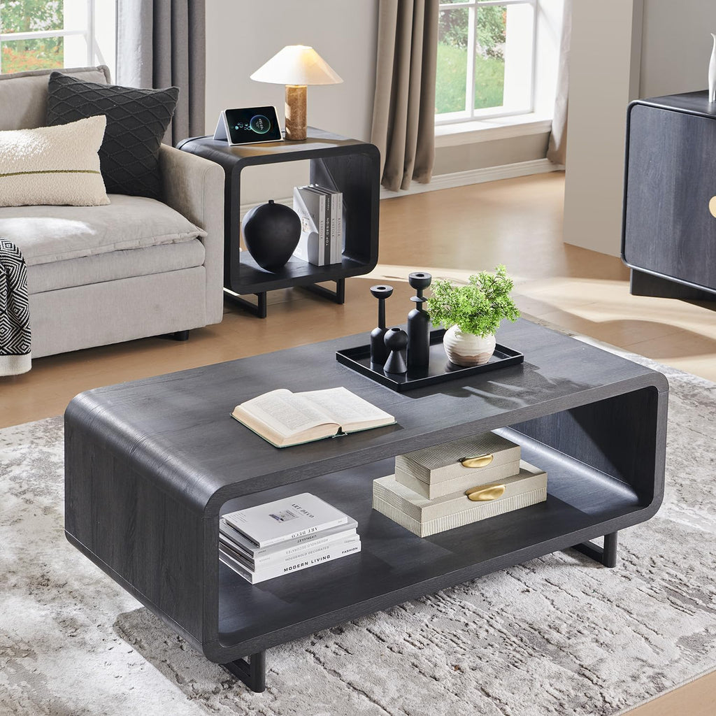 48" Modern Coffee Table, 2-Tier Minimalist Center Table with Storage Shelf, Curved Profile Design