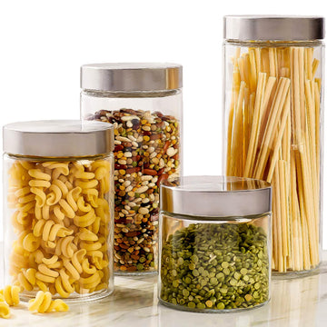 4pc Canister Sets Counter or Bathroom + Labels & Marker, Glass Cookie Jars with Airtight Lids - Food Storage