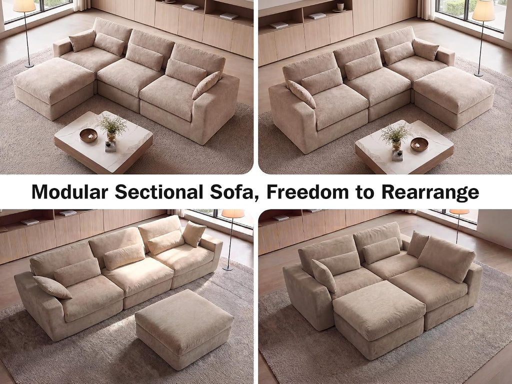 122" Oversized Modular Sectional Sofa, Boneless Couch , Modern Comfy L Shaped Cloud Couch Sectional with Movable