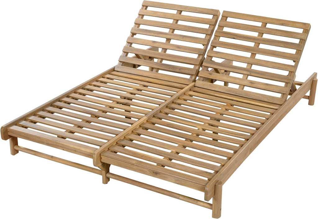 Double Outdoor Chaise Lounge Frame with 3-Position Adjustable Backrest, 2 Piece Acacia Wood Recliner Chair