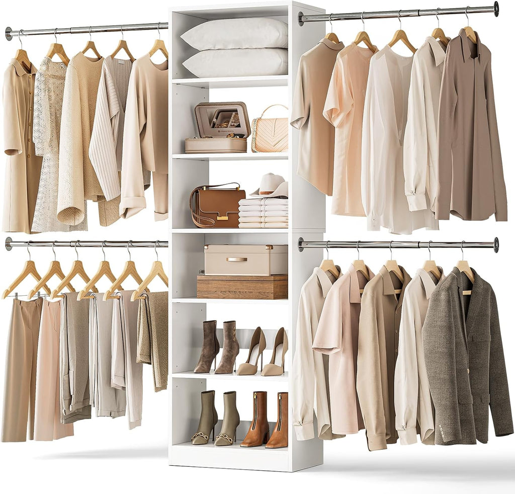 W1 Closet System, 3.5FT-7.7FT Closet Organizer System with 4 Chrome-Plated Telescopic Rods & 6 Adjustable Shelves