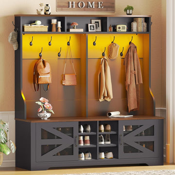 Hall Tree with Bench and Shoe Storage, 5-in-1 Entryway Bench with Coat Rack, 16 Shoe Cubbies & 12 Coat Hooks, Barn