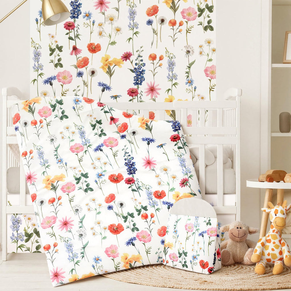 4 Piece Spring Flower Crib Bedding Set Skirt Blanket Sheet