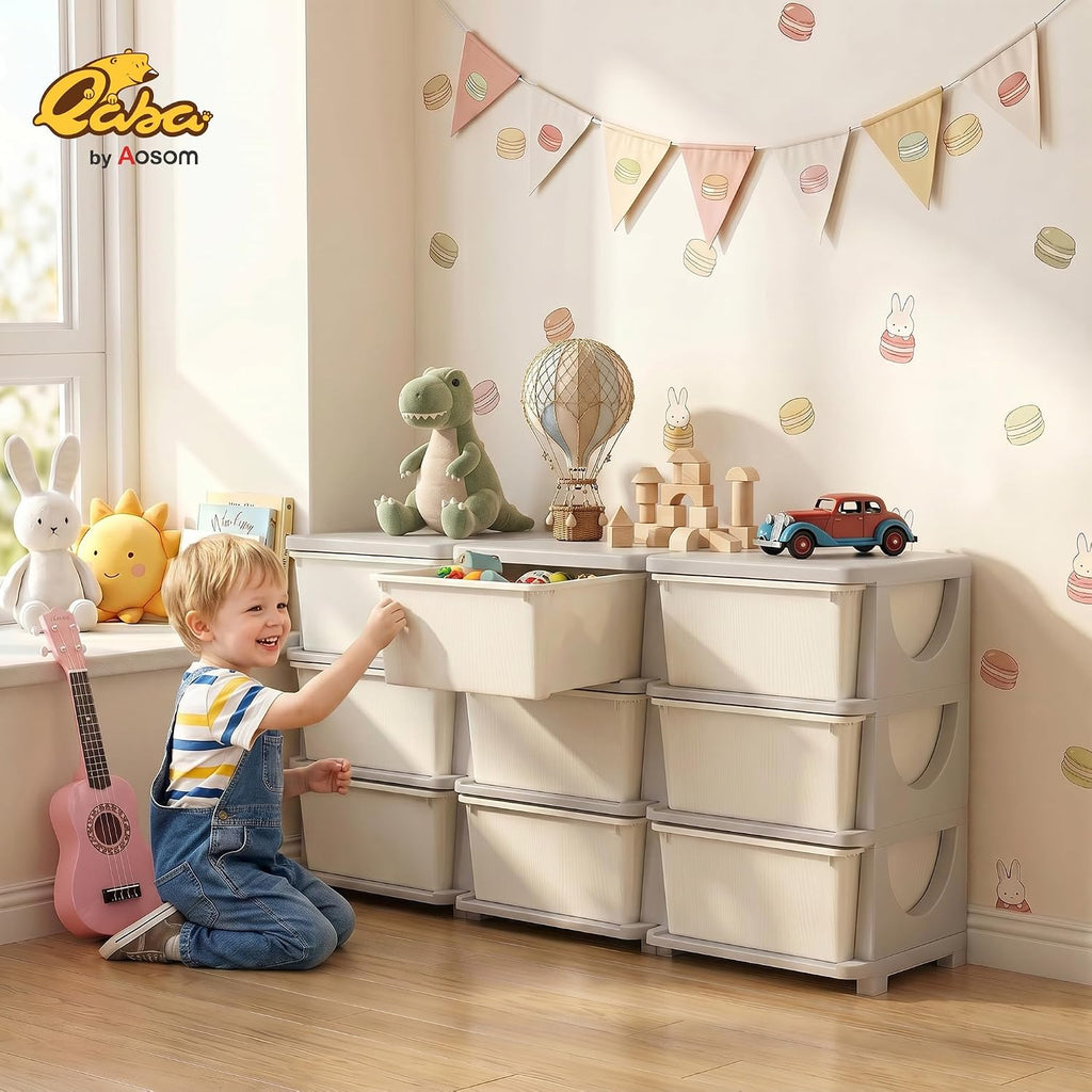 9 Drawers Kids Storage Unit 3 Tier Toy Organizers Cream White | Stackable Storage Chest, Bedroom, Nursery, Playroom