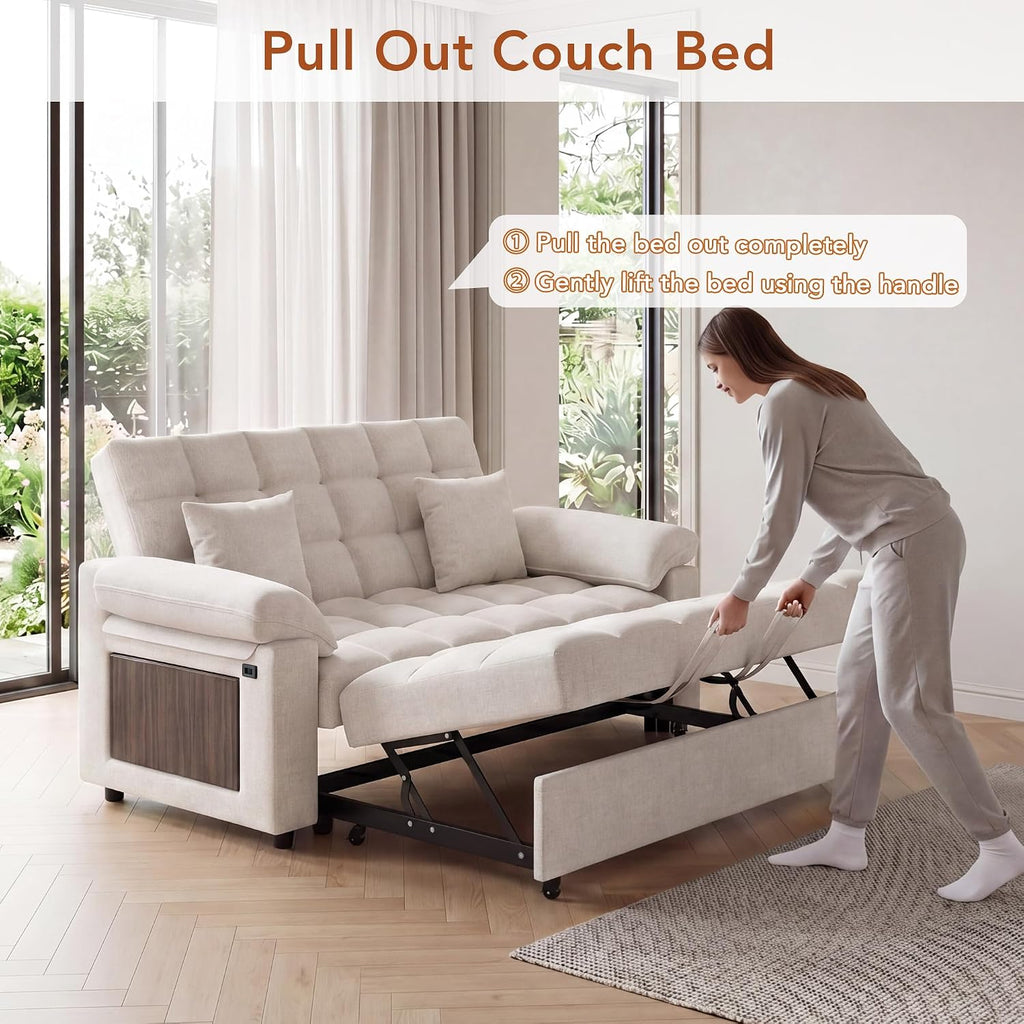 Sleeper Sofa Bed, 70" Pull Out Futon Couch with Small Table| USB Port | Side Pockets | Tool-Free Assembly |