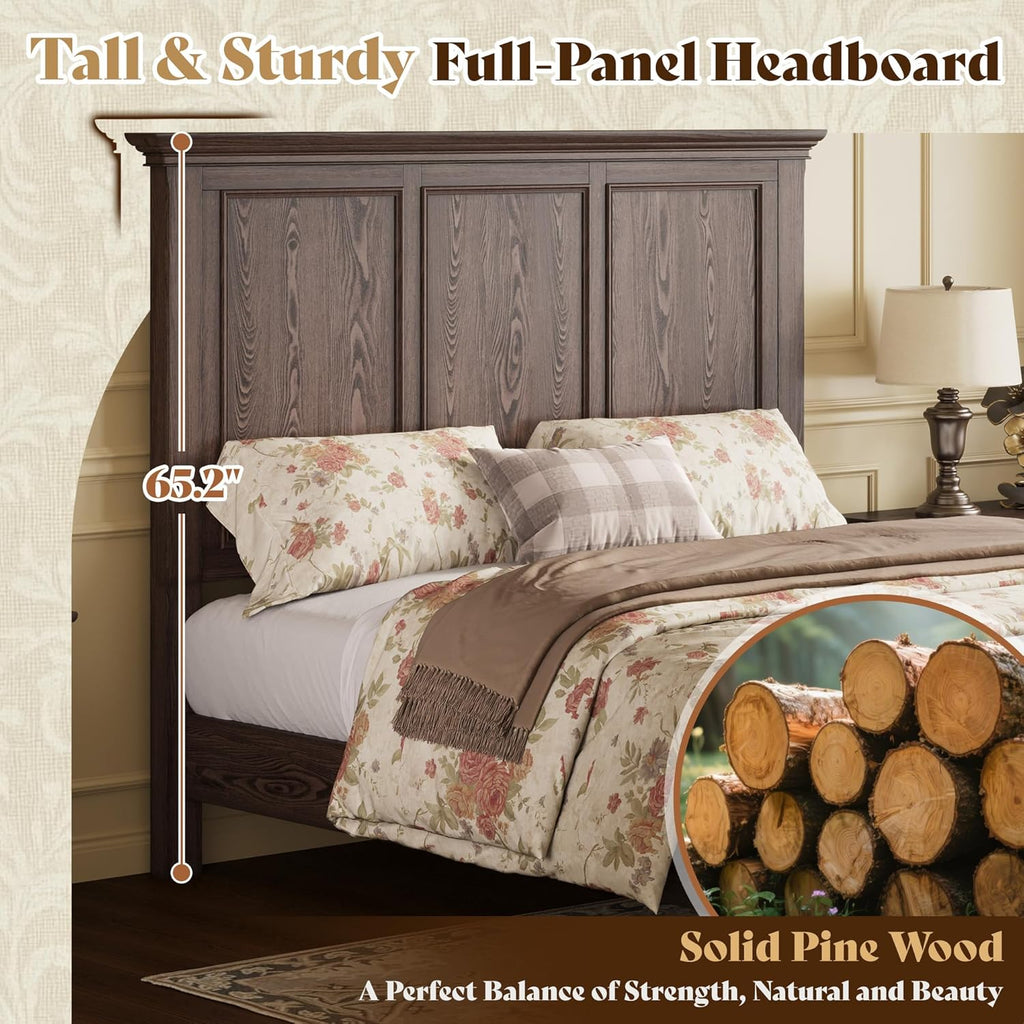 Solid Wood Queen Bed Frame with 65.2" High Headboard, Traditional Platform Bed with Heavy Duty Slats, No Box Spring