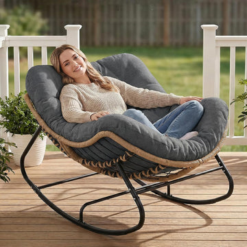 Papasan Rocking Chair Outdoor, Oversized Patio Egg Chair with Thick Cushion, Indoor Wicker Lounge Rocker Bed for