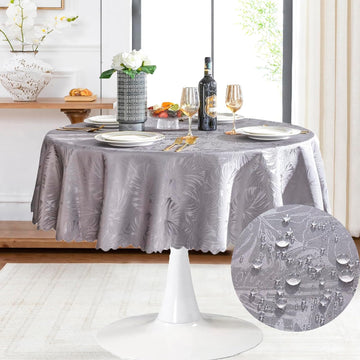 Jacquard Round Tablecloth 60 Inch Grey Table cloth Leaves Pattern Scalloped Edge Silky Soft Waterproof Wrinkle