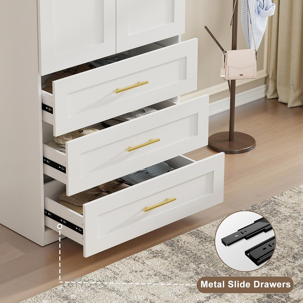 White Armoire Wardrobe Closet: 75" Large Wardrobe Closet with 3 Drawers, Bedroom Armoires with 2 Doors, Wooden Tall