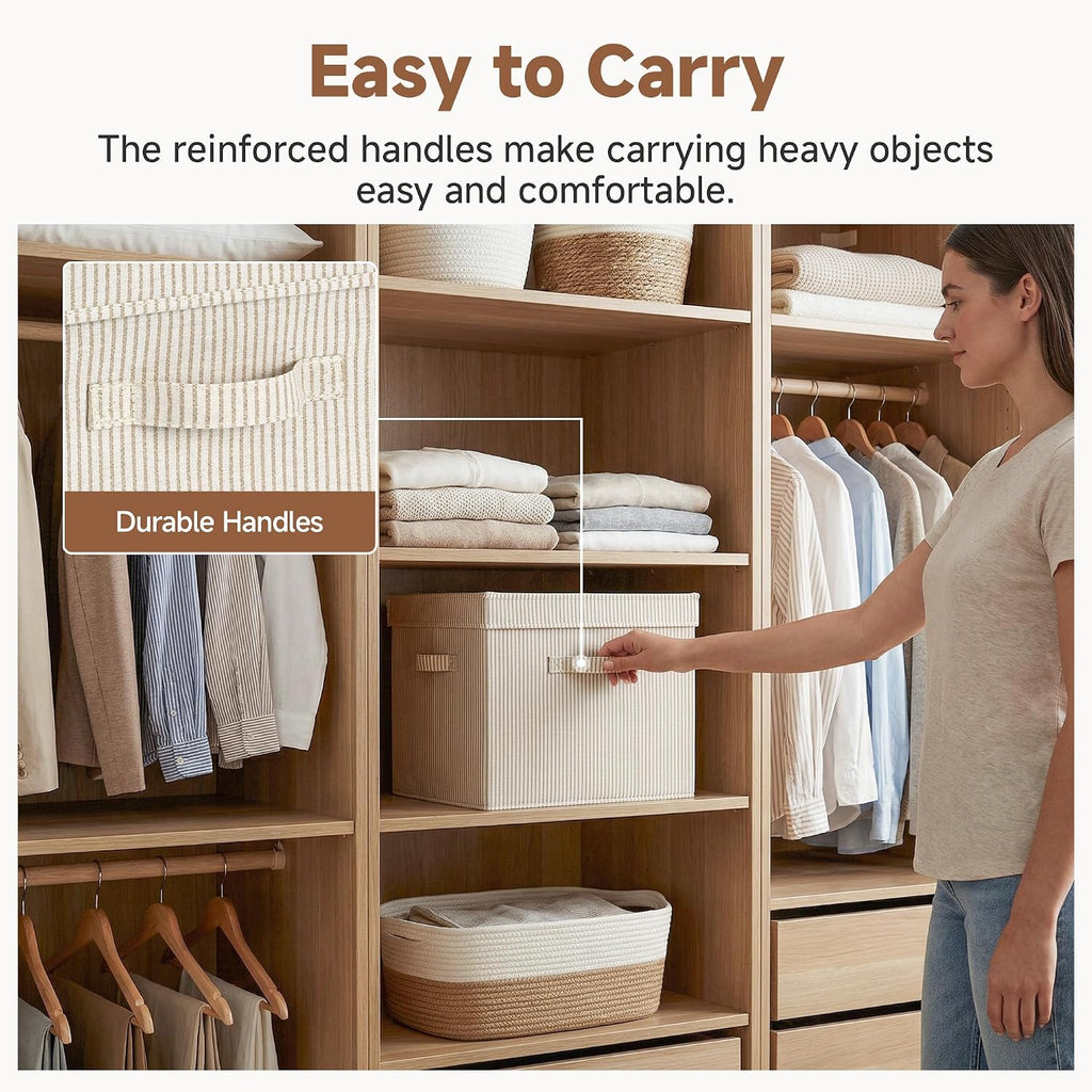 Storage Bins with Lid, Decorative Fabric Storage Bins with Handles, Stackable Closet Organizers for Shelves and