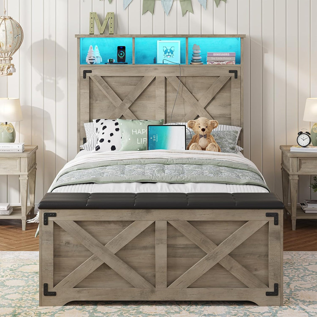 Farmhouse Twin Bed Frame with Storage Headboard and Charging Station Wood Platform Bed Frame Twin Size with Storage