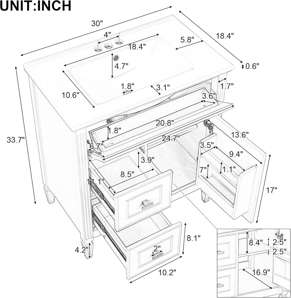 Harper & Bright Designs 30" Bathroom Vanity with Sink, Free Standing Vanity Set with Tip-Out Drawer, 2 Drawers