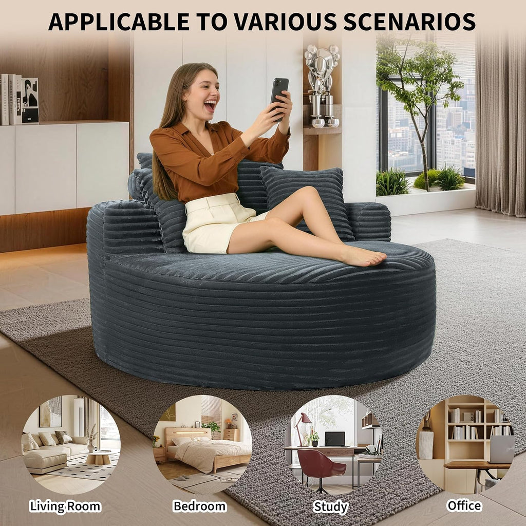 55'' Oversized Round Chaise Lounge Chair Indoor, Upholstered Corduroy Cloud Circle Chair with 3 Pillows, Deep Seat
