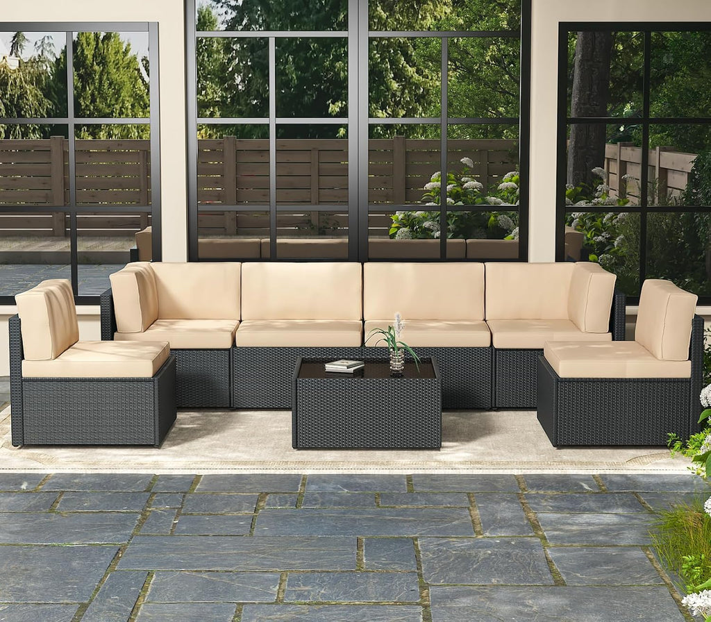 7 Piece Outdoor Patio Furniture Set, Outdoor Sectional Conversation Furniture Chair with Coffee Table
