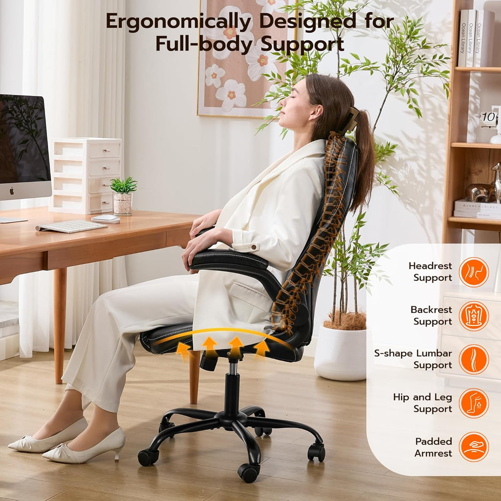 Office Desk Chair, Ergonomic Computer Chair with Padded Flip-Up Arms and Adjustable Lumbar Support, PU Leather