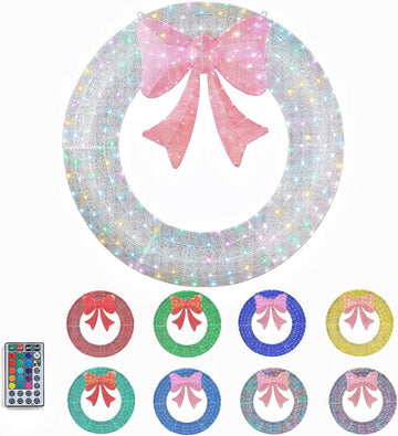 60IN Prelit Outdoor Christmas Wreath Decoration, Large Silver Lighted Metal Front Door Garland with Pink Bow, 280 RGB