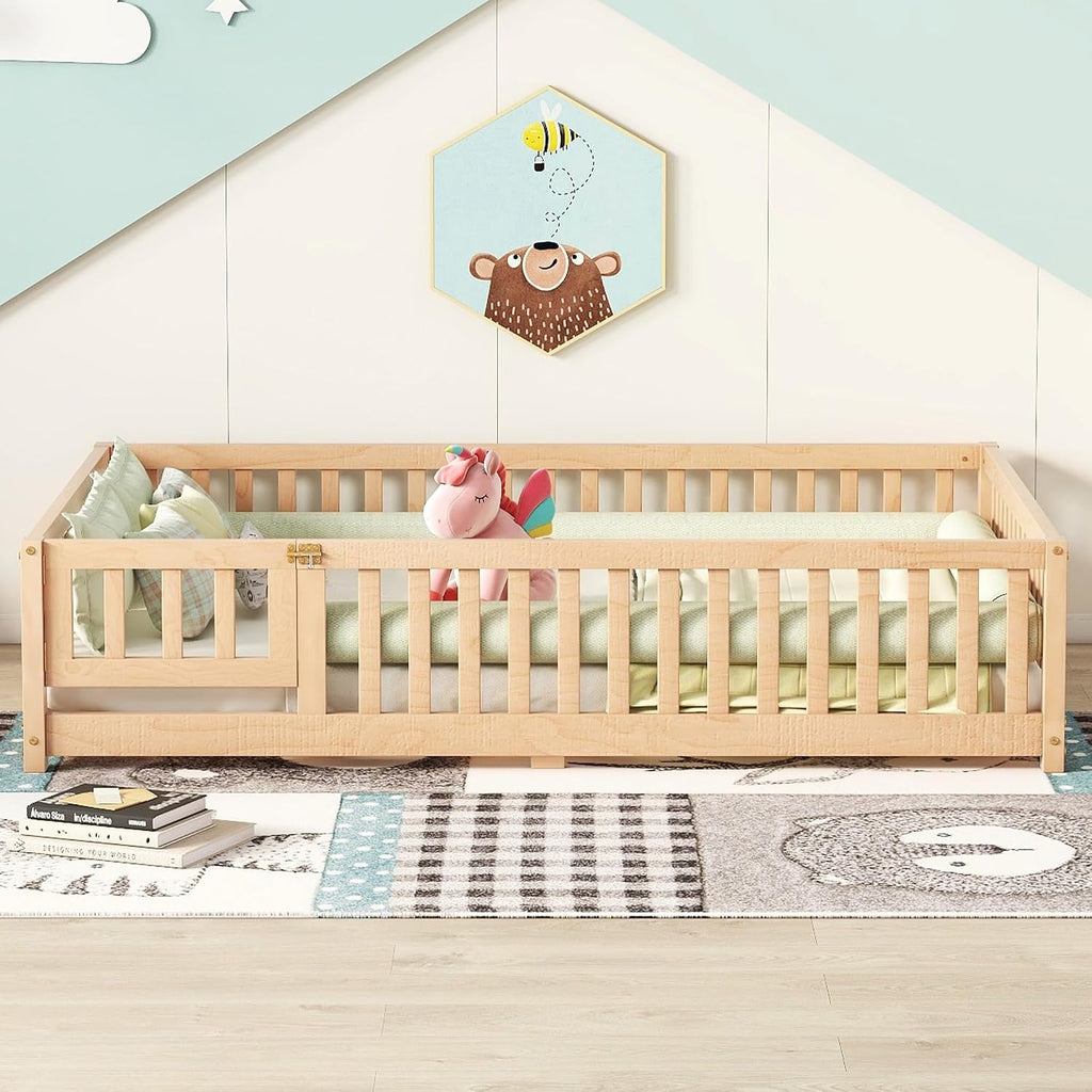 Full Size Montessori Floor Bed with Slats and Center Support Bar, Full Size Floor Bed with Door and Fence, Easy