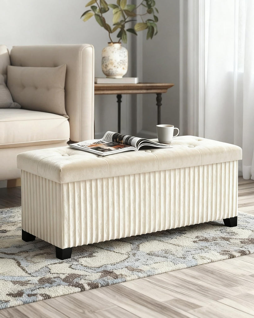 43 Inches Storage Ottoman Bench, Velvet Foot Rest Stool, Beige
