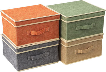 Bins with Lid, Foldable Clothing Storage Box case with Handle for Closet, Bedroom, Home, 4 Color Set A, 13L x 12.5W x