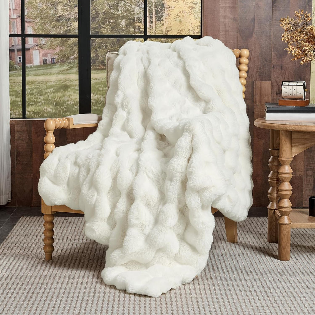 Faux Fur Throw Blanket Cream White - Big Bubble Rabbit Fluff Blanket, Small Fluffy Fuzzy Cozy Blanket, Thick Furry