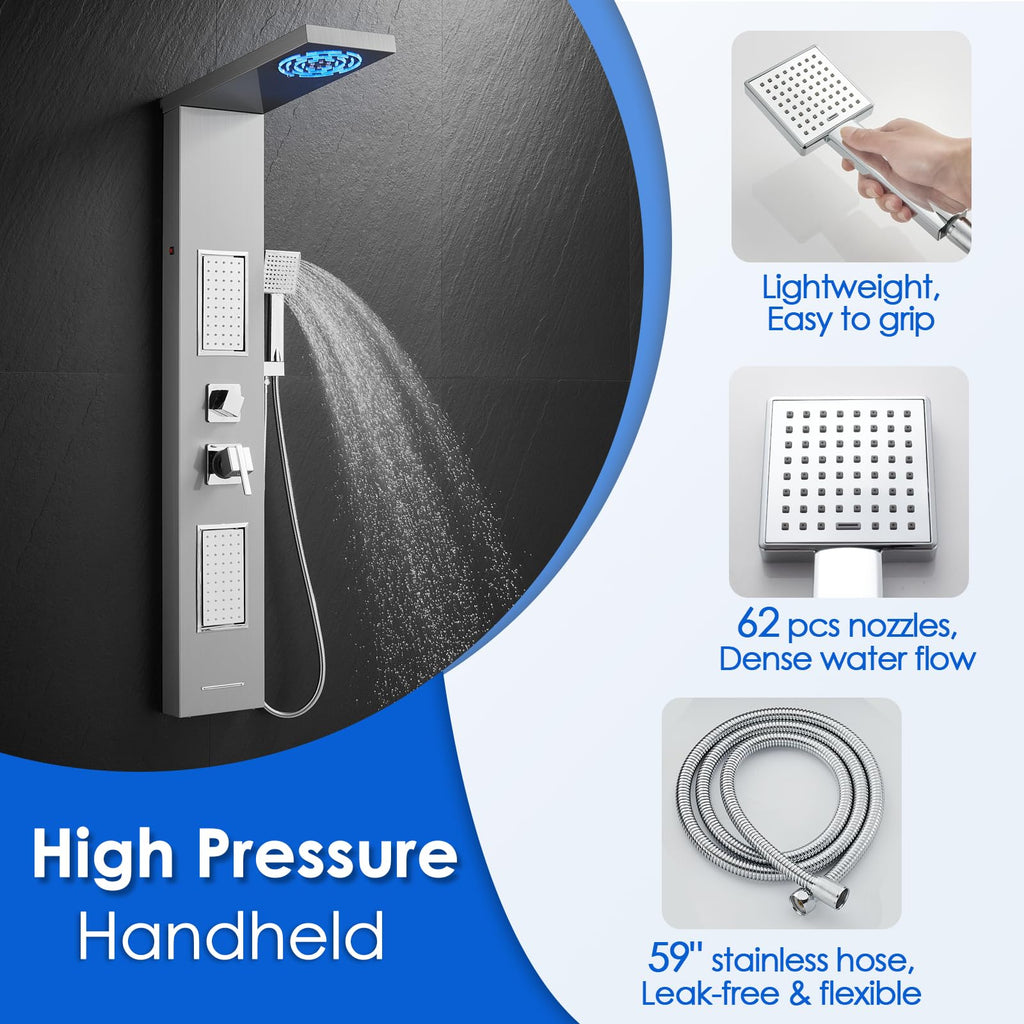 LED Shower Panel Tower System With Lights, 5 Shower Modes, Brushed