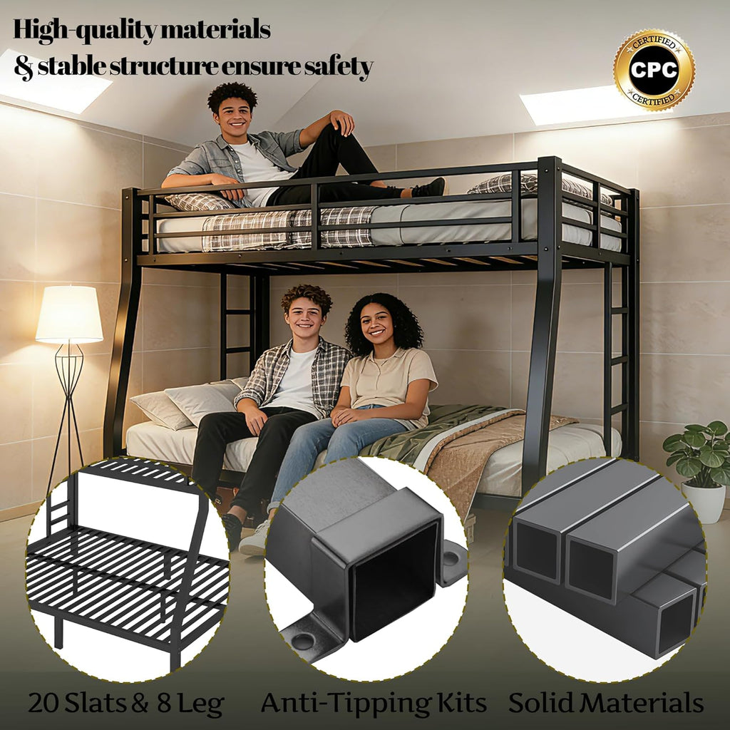 Metal Full XL Over Queen Bunk Bed with High Guardrail & Under-Bed Storage