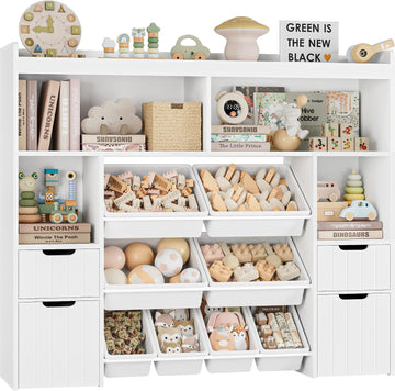 55" W Toy Storage Organizer, Large Kids Bookshelf, Toy Box, White | 8 Plastic Storage Bins / 2 Removable Toy Storage