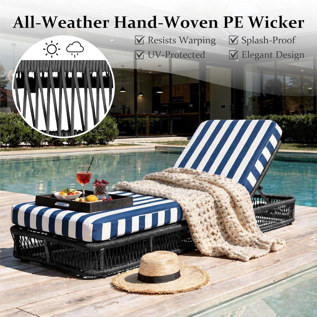 Outdoor Chaise Lounge Chair, 6-Pos Recliner, 2-Pack, Gray/Stripe Blue | 6 Adjustable Backrest Pool Lounge Chair