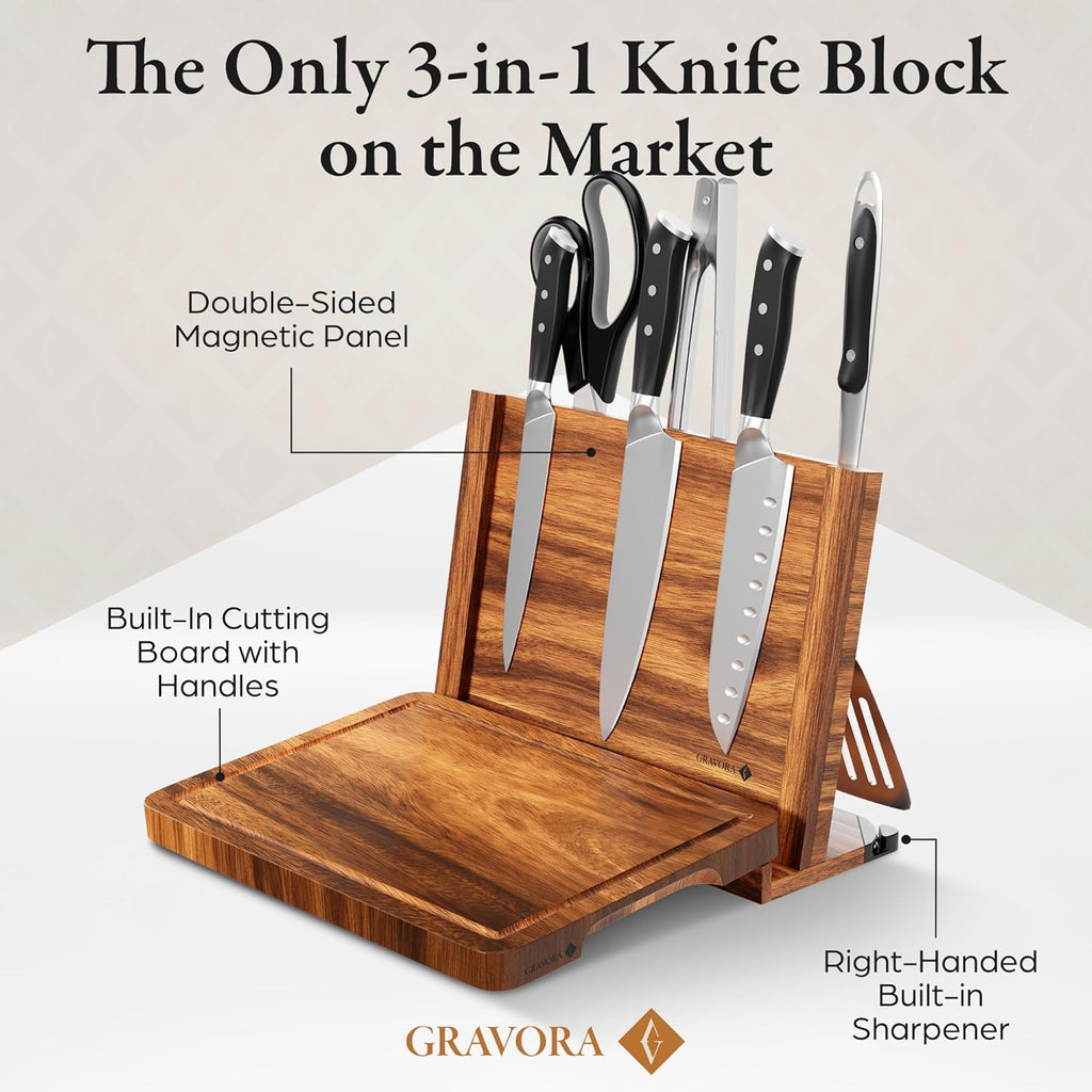 3 in 1 Magnetic Knife Block Stand, 14"x10" Cutting Board, Knife Sharpener - Wooden Magnetic Knife Holder - Acacia