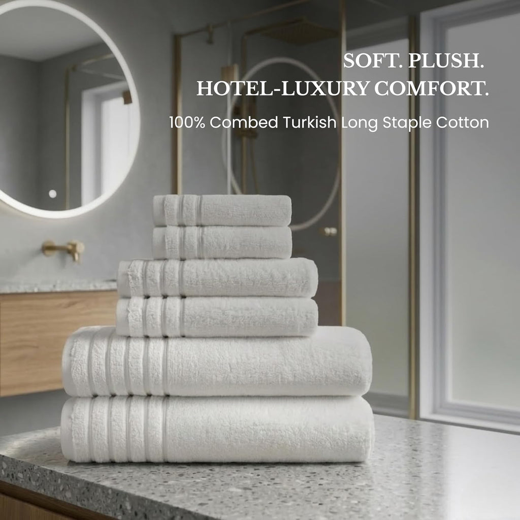 BW Luxe Home Bath Towel Set, 6-Piece, 100% Turkish Cotton, 600 GSM, White | Includes Bath, Hand and Wash Towels, Soft