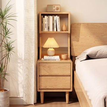Solid Wood Bookshelf Nightstand Combo, Tall Nightstand with Bookshelf