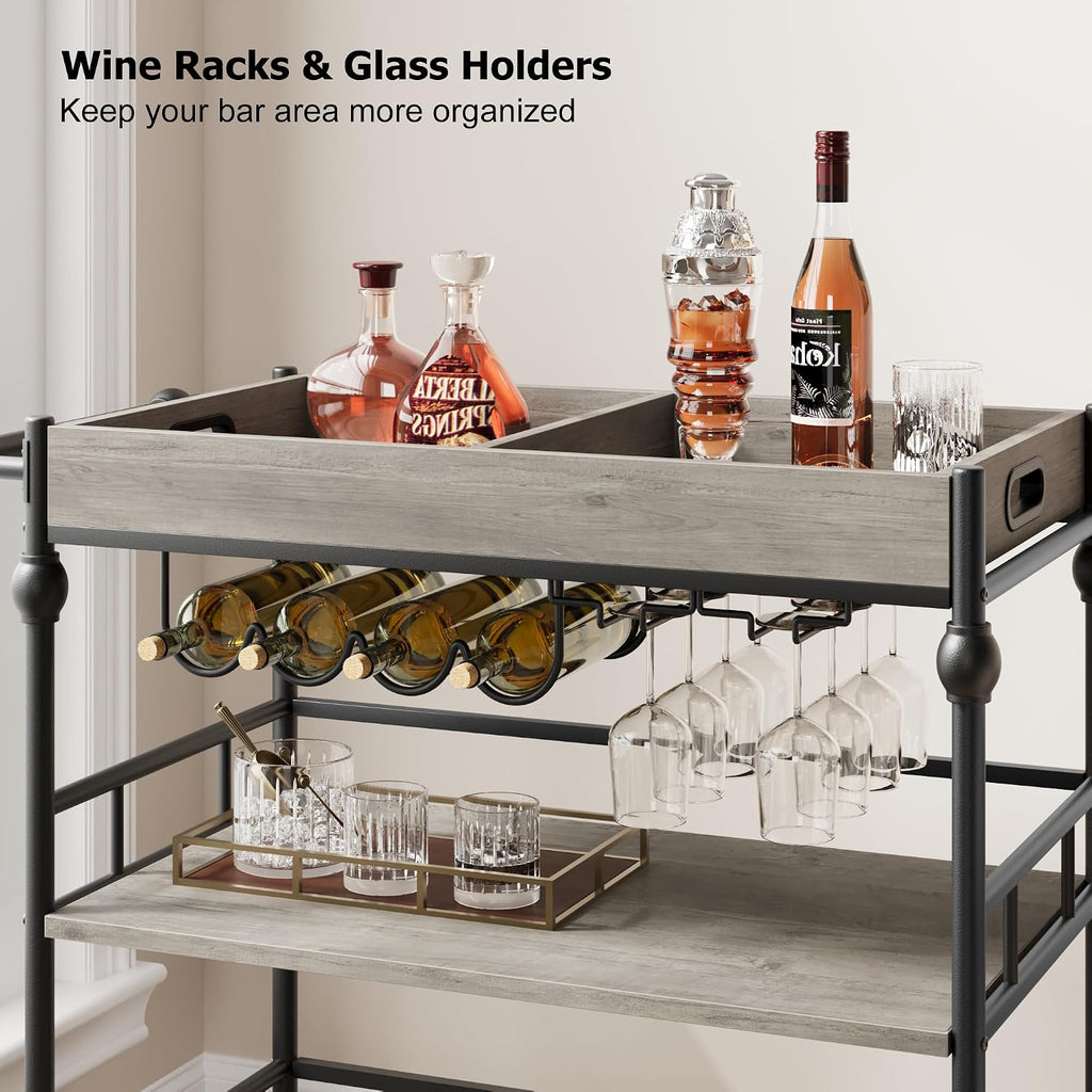 Bar Cart with Wheels, 3-Tier Serving Cart , Mobile Rolling Beverage Cart with Wine Rack and Removable Tray , Dining