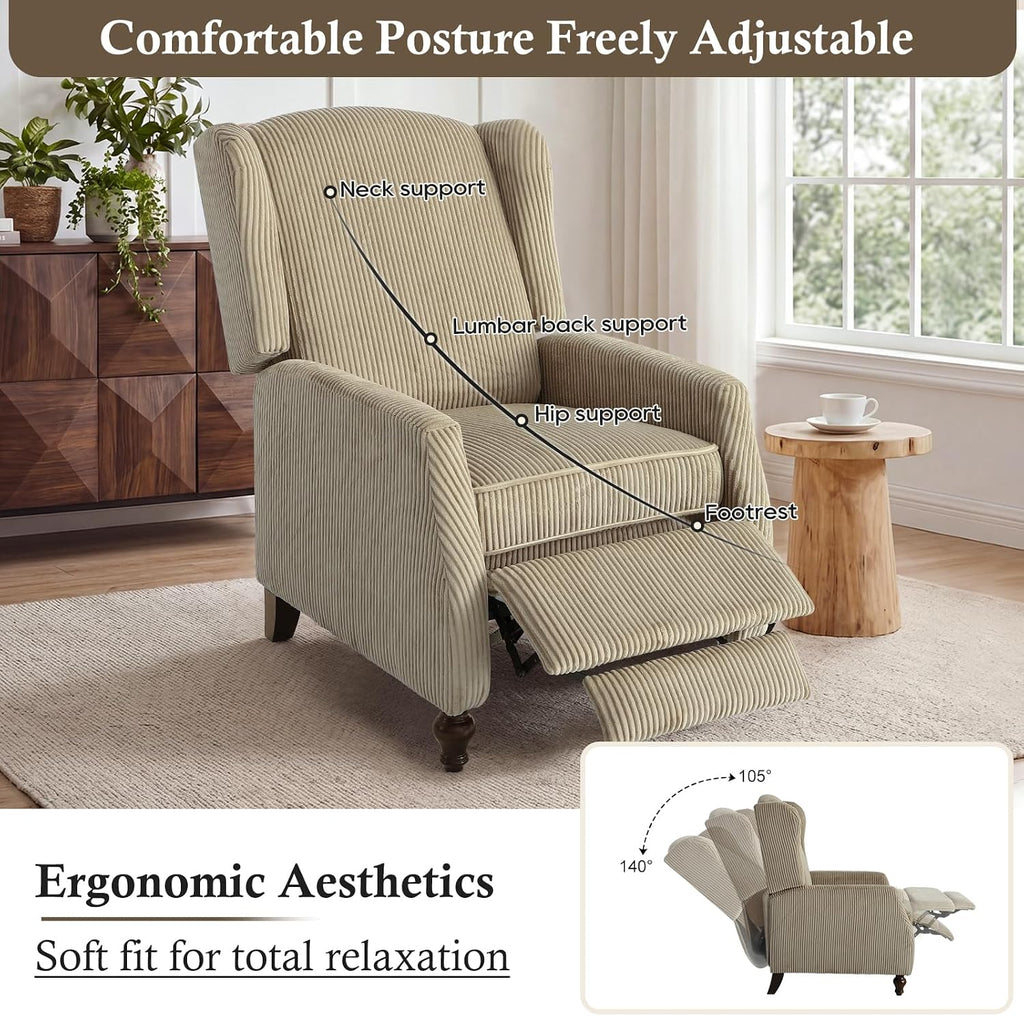 Upholstered Wingback Recliner Chair, Cozy Corduroy Manual Push Back Recliner (1, Khaki)