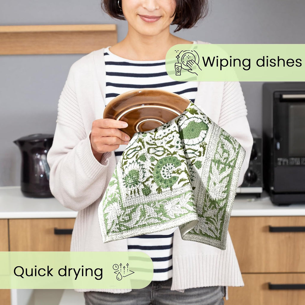 Agate Green Hand Block Print Waffle Kitchen Towel Set of 3-16 x 28 Inch Ultra Absorbent Quick Dry Cotton Dish
