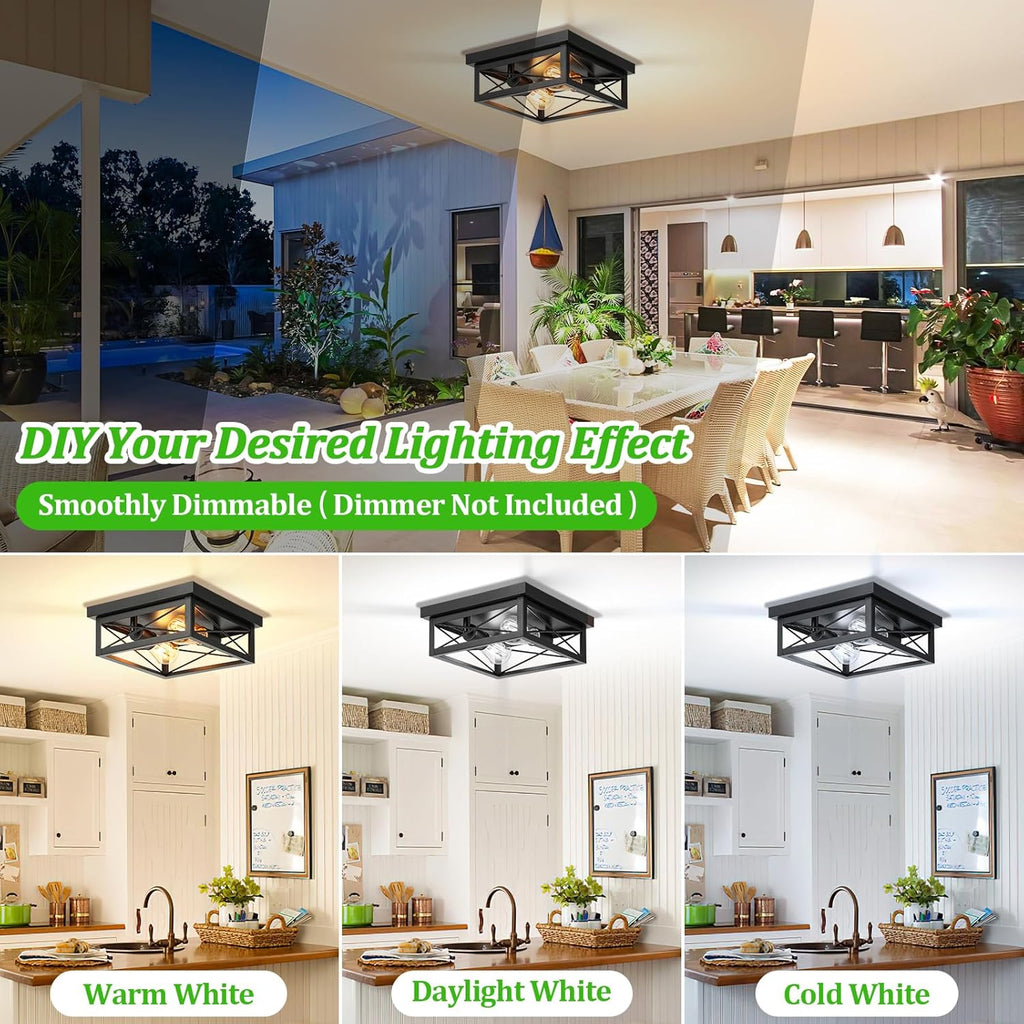 2-Light Industrial Square Flush Mount Ceiling Light, Farmhouse Ceiling Light Fixture for Kitchen