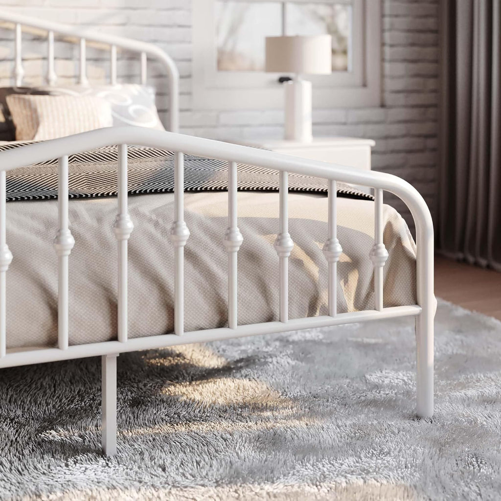 Queen Metal Platform Bed Frame with Victorian Style Wrought Iron-Art Headboard/Footboard, No Box Spring Required, White
