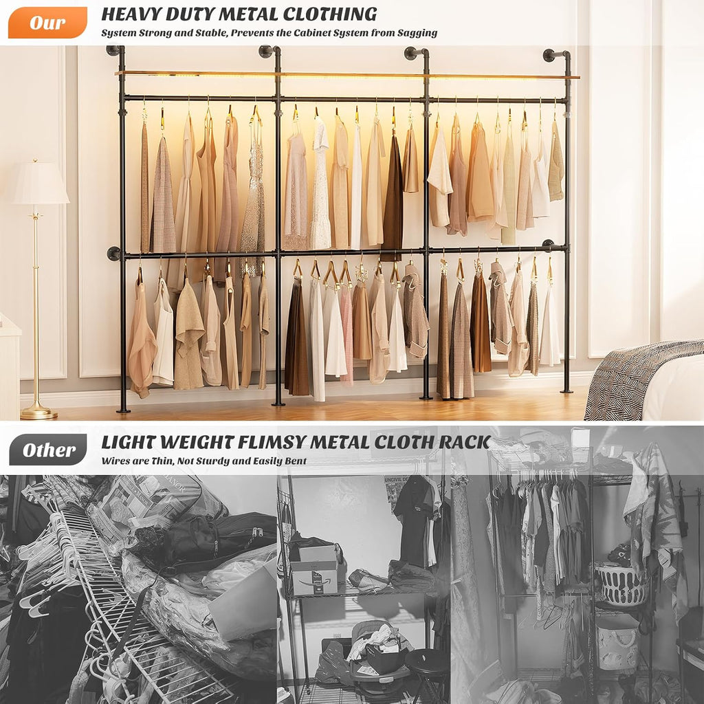 Industrial Pipe Clothing Rack, Reversible 118.3'' Clothes Rack for Hanging Clothes, Heavy Duty Garment Rack Closet