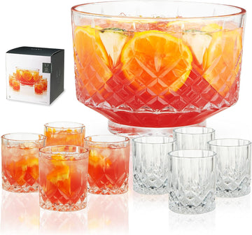 Admiral Punch Bowl Set with 8 Tumblers, Cut Crystal Cocktail Party Serveware, Dishwasher Safe, 2.5 Gallons, 9 Oz