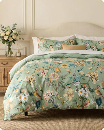 Floral Duvet Cover - 100% Cotton Reversible Flowers and Birds Pattern Duvet Cover Set, 3 Pieces Soft