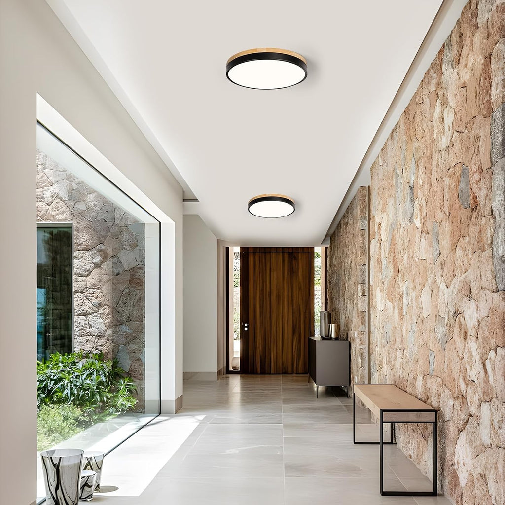 Modern Wood Black Flush Mount Ceiling Light, 11.81" Round LED Low Profile Close to Ceiling Fixture Bedroom Bathroom