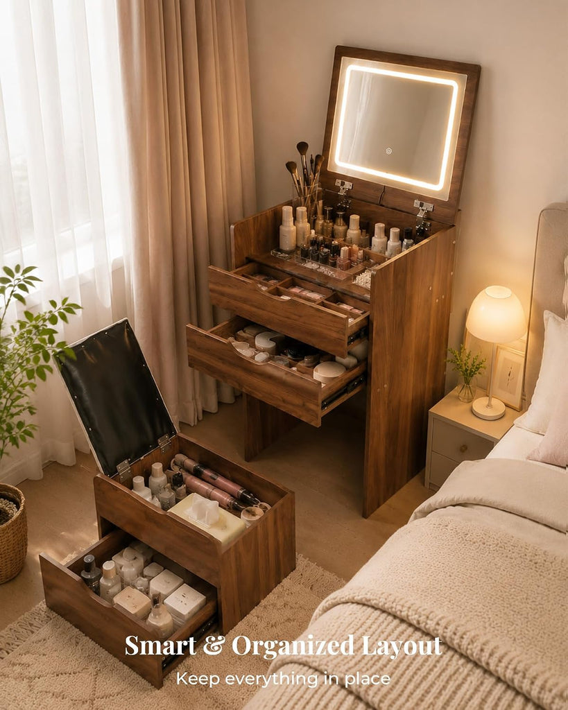 Small Vanity with Mirror and Lights for Small Space, 3-in-1 Compact Makeup Vanity Desk with Storage, Flip Top Vanity