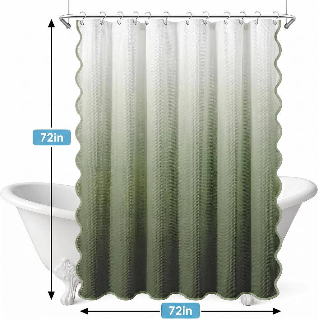 Scalloped Shower Curtain with PEVA Liner Set, Ombre Sage Green Modern 3 in 1 Heavy Duty Waffle Weave Waterproof