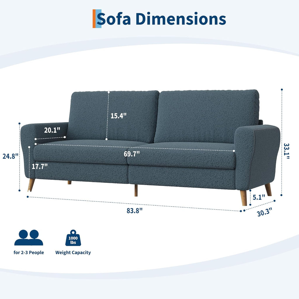 84 Inch Modern Sofa Couch, Large 3-Seater Sofa with Streamlined Armrests, Boucle Loveseat Wood Feet