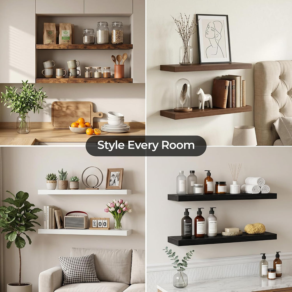 24" Floating Shelves for Wall, Set of 3, 8" Deep, 1.5" Thick, Gray | Rustic Wood Wall Shelves with Invisible